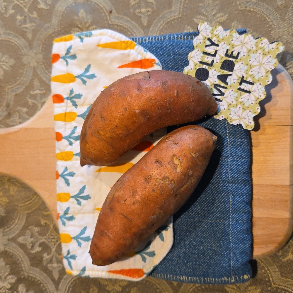HAND CRAFTED Potato Pouch Microwave UPCYCLED Blue Denim Cotton Carrots 8.5 Inch